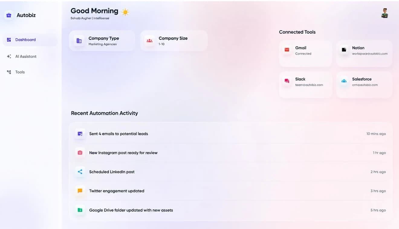 AutoBiz workspace dashboard